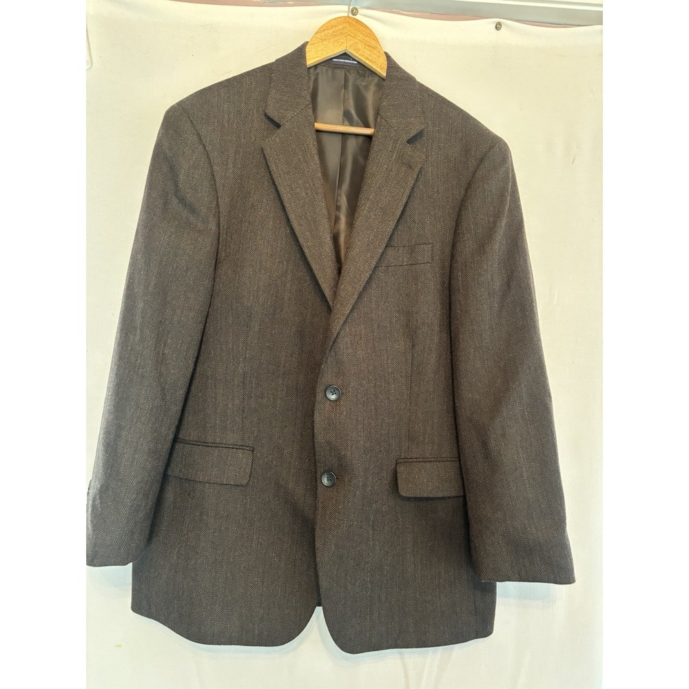 Stafford Signature Classic Mens 42R Herringbone Sport Coat Blazer Brown Wool